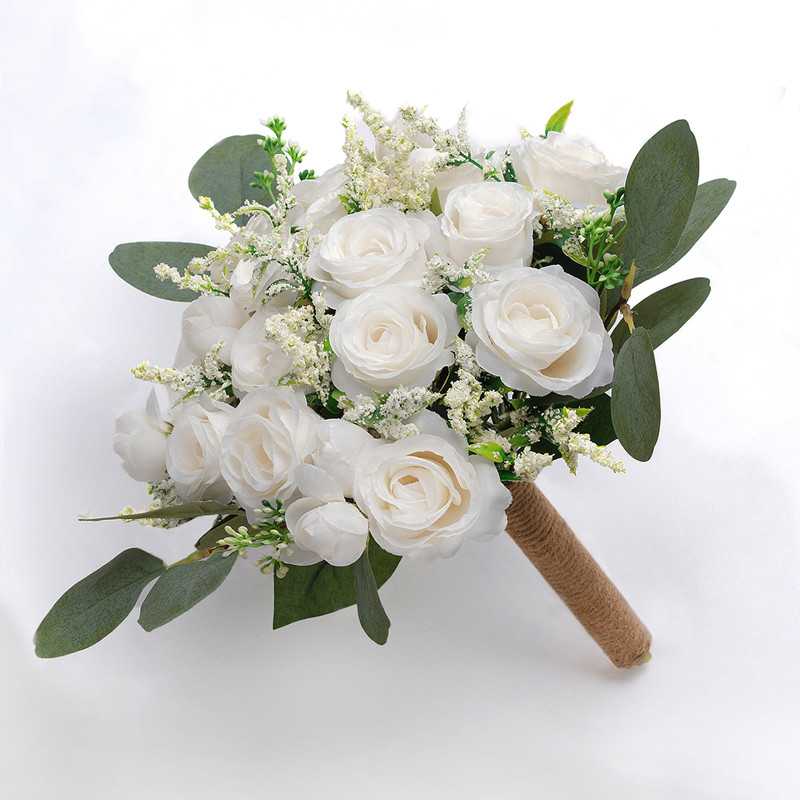 Weißer brautjungfernstrauß, handgefertigt aus rosen und eukalyptusblättern, hochzeitsblumen für brautjungfern, brautaccessoires: Weiß