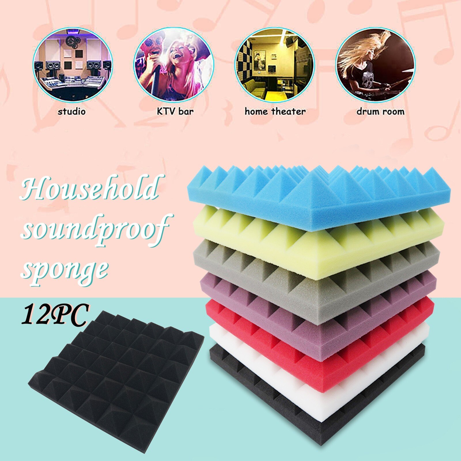 12pc Self-adhesive Diy Sound-absorbing Sponge Board Sound Insulation Sponge Indoor Sound-absorbing Absorption Tiles Foams#g30