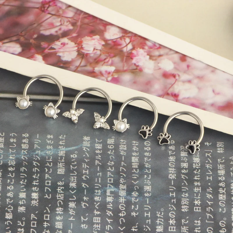 Anello al naso a farfalla 16G Anello per setto per gatto con perla Anello per setto a pipistrello per api Orecchino a elica con farfalla blu Anello al naso in acciaio inossidabile