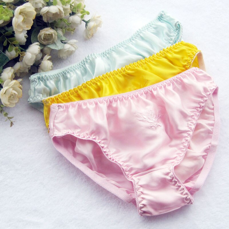 Women Silk Satin Panties Female Floral Embroidery Underwear 3psc Pack Ladies Knickers Briefs