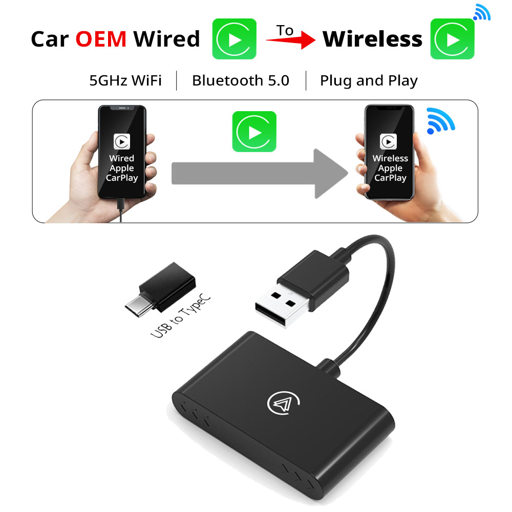 Wireless CarPlay Adapter Wired to Wireless Carplay For Apple/USB A/Type-C Dongle Plug And Play USB Connection Auto Car Adapter: black