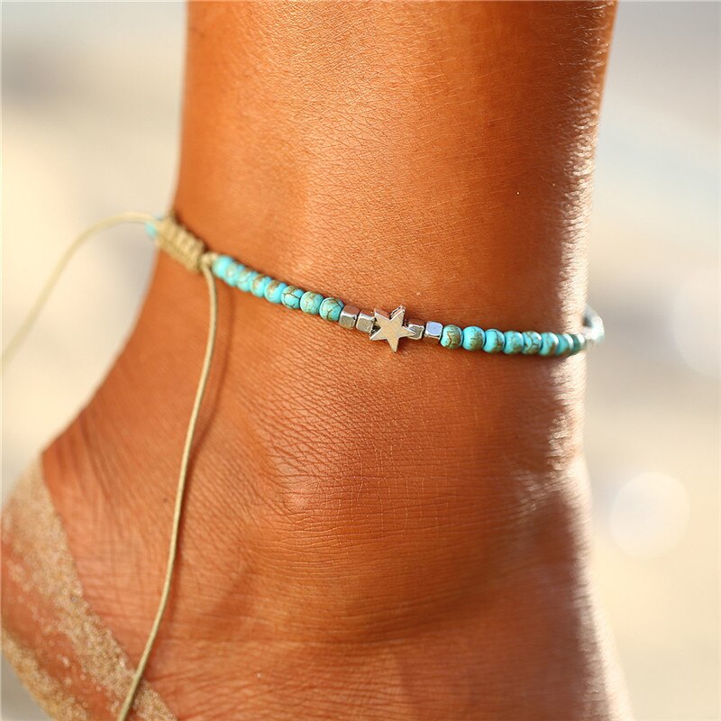 Bohemian Gold Kleur Ster Enkelbanden Voor Vrouw Vintage Handgemaakte Kwastje Kralen Enkelband Enkelband Been Voet Armband Strand Sieraden: FTS582