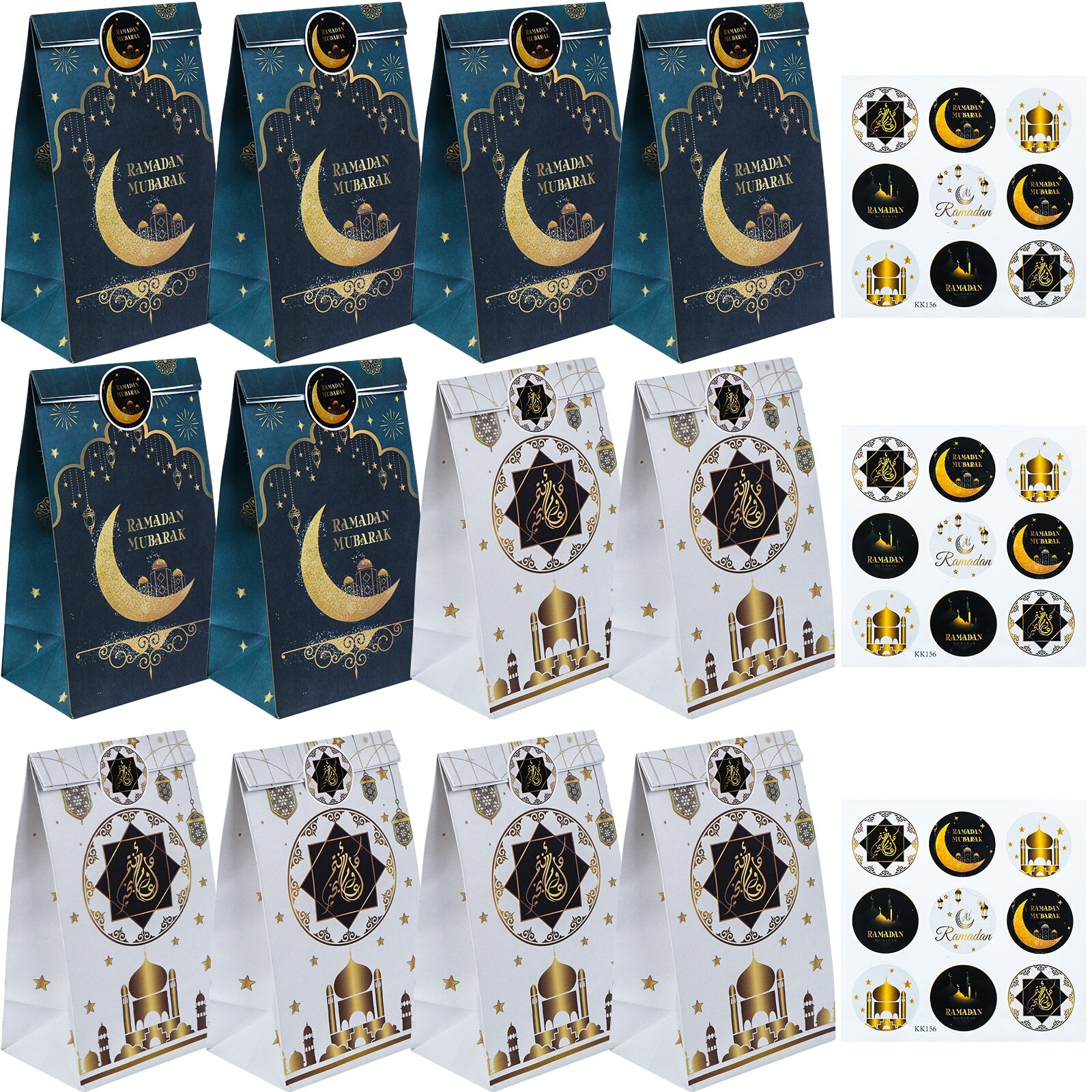 12 + 18Pcs Eid Mubarak Party Gunst Tas Met Stickers Ramadan Kraftpapier Wedding Party Goodie Verpakking Gunsten zakjes