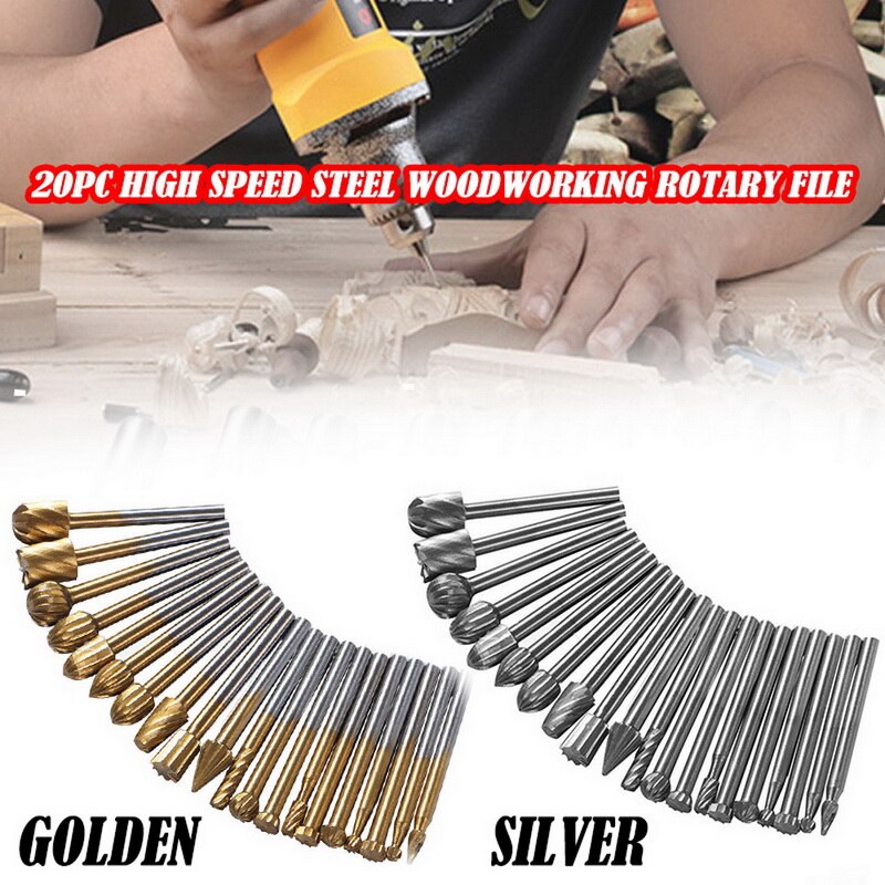 HSS Routing Router Bits Burr Set 3mm 1/8 Inch Shank for Woodworking Drilling Metal Wood Carving Engraving 20Pcs
