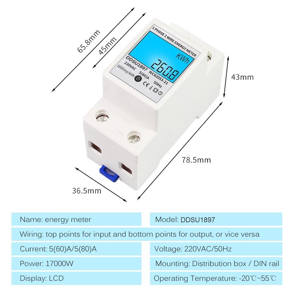 Digital Electric Energy Meter Single Phase DIN Rail Electricity Meter One Phase Two Wire Multifunction Electrical Meter