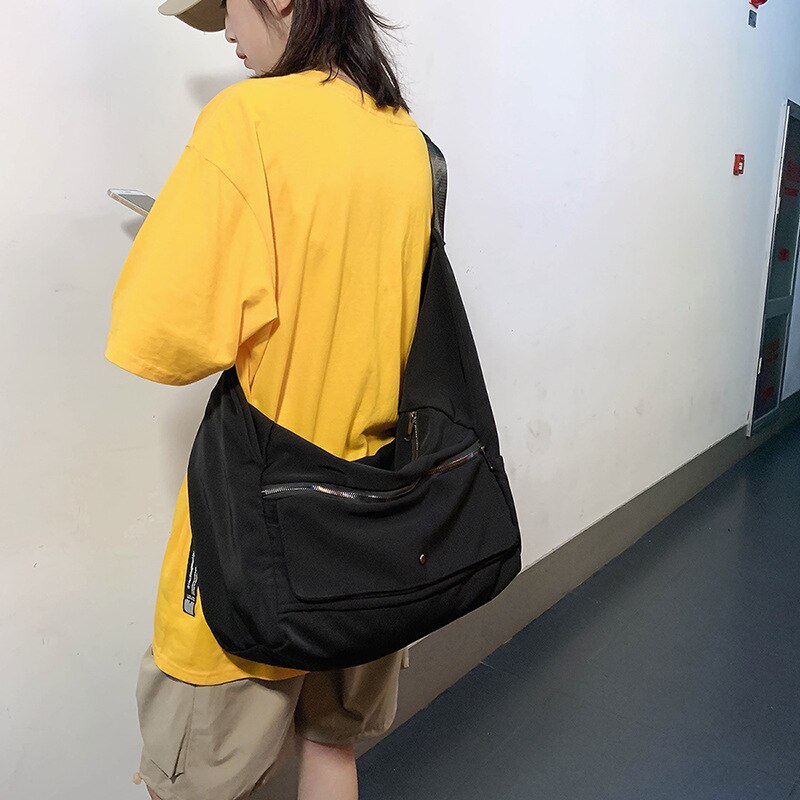 Bolsa Hobo de tela de Nylon impermeable para adolescentes, bolso informal de gran capacidad para estudiantes, bolsa Slouch negra suave para uso diario