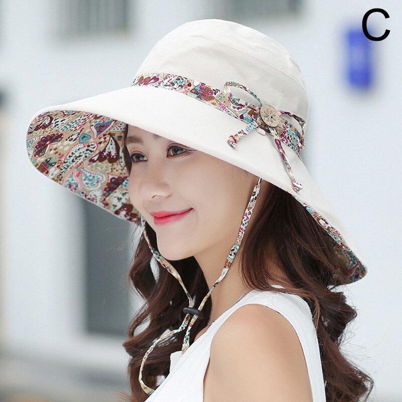 Female Flower Print Double-sided Cotton Linen Sun Hat Women Big Wide Brim Anti-UV Foldable Beach Hats Lady's Bucket Hat: Beige
