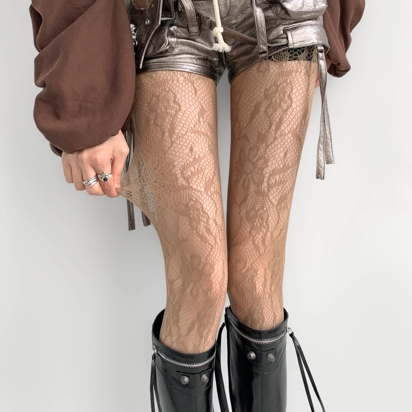 Medias florales estilo Punk para chicas dulces de Lolita, medias altas hasta el muslo coloridas, lencería Sexy para mujer, pantimedias de rejilla de malla caladas: Caqui