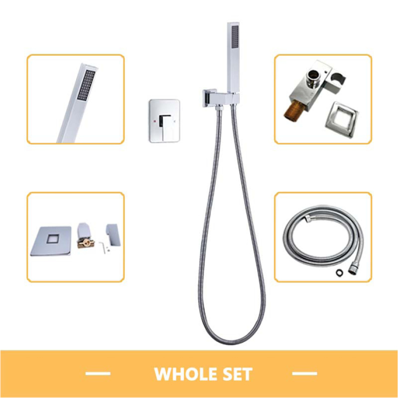 Square Solid Brass Hand Held Shower Head With Wall Connector and Hose Set Bathroom Concealed Chrome Polished Shower Faucet