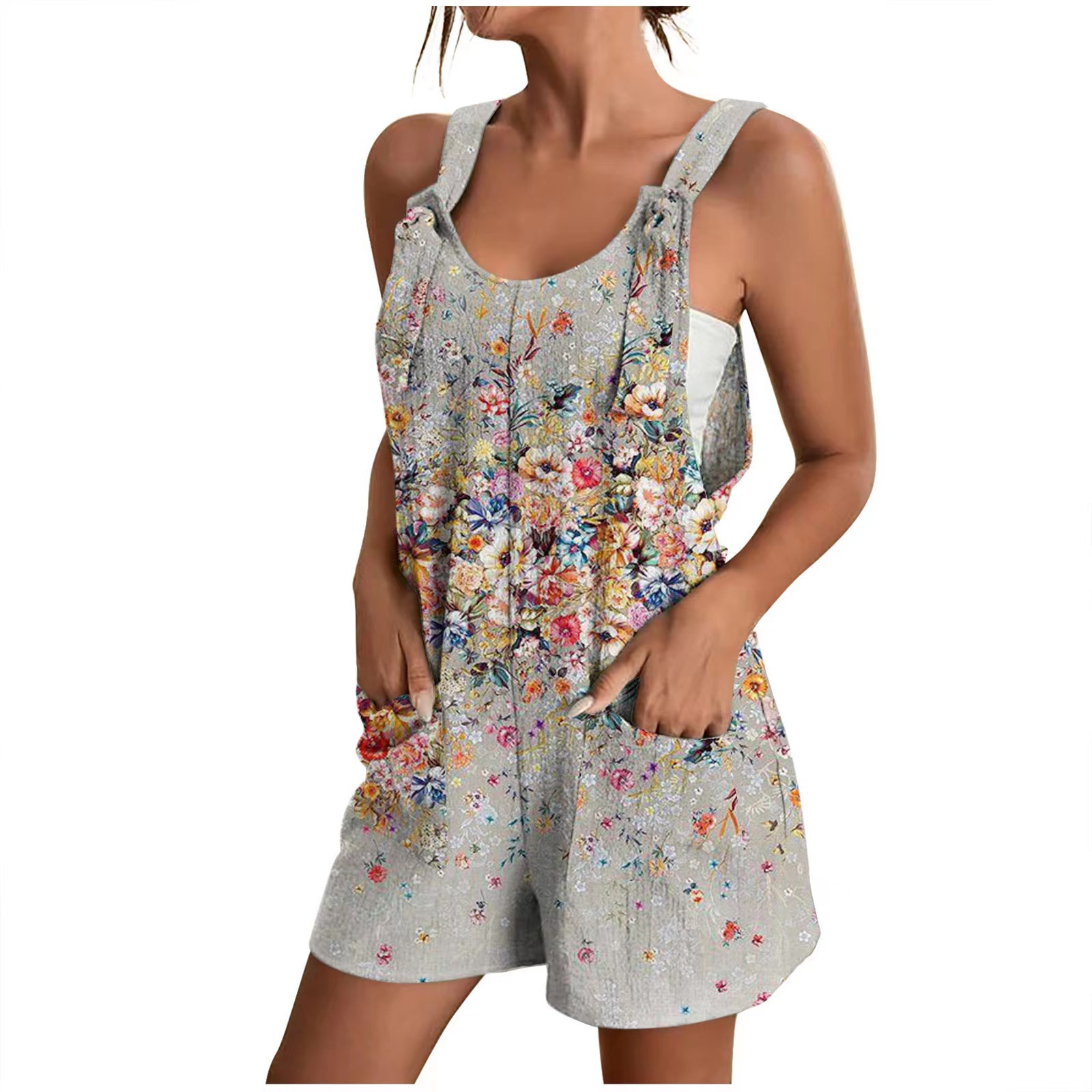 Mamelucos para mujer, monos de pierna ancha de verano, pantalones cortos con tirantes y nudo, mameluco, monos casuales cómodos con bolsillos: M / Gris