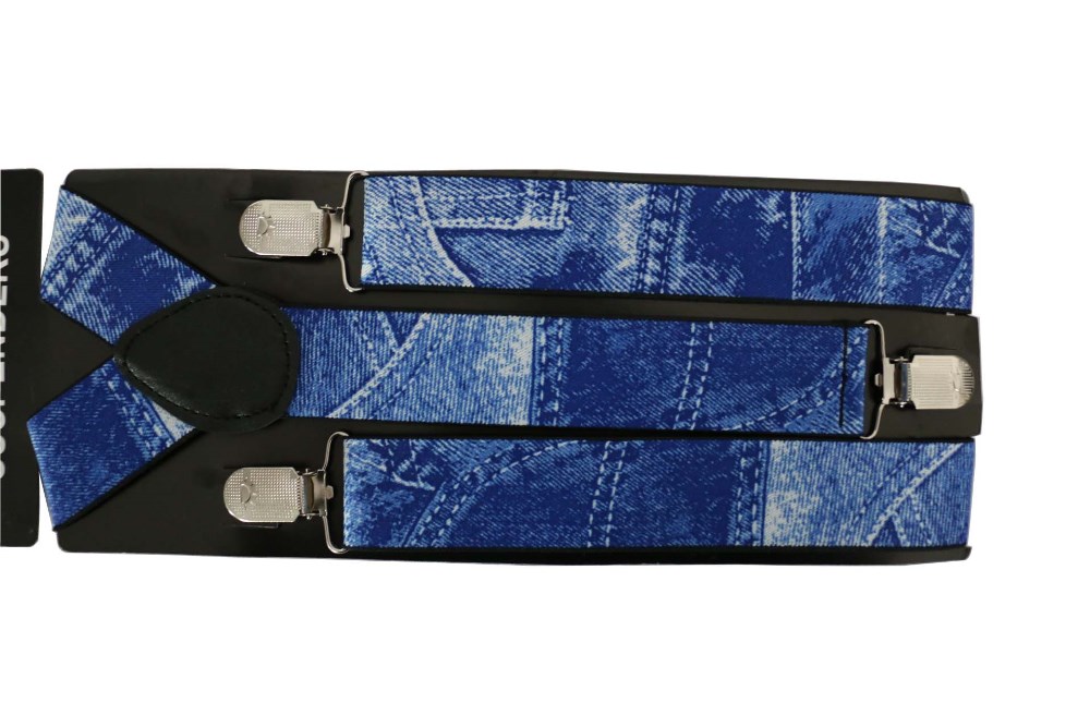 Winfox 3.5cm brede justerbare seler til mænd 3 clips denimblå elastiske seler til mænds seler