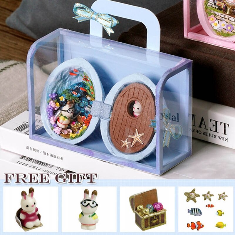 Box teater dukkehus miniature legetøj med møbler kanin diy miniature dukkehus førte lys legetøj til børn fødselsdag  q10: R6