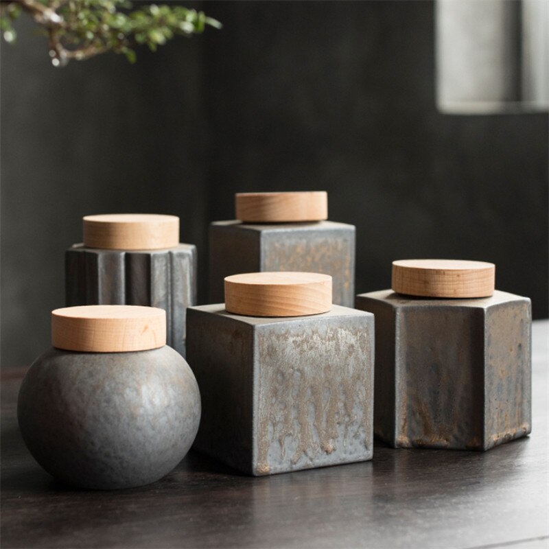 Ceramic Handmade Tea Caddy Coarse Pottery Geometric Sealed Storage Jar with Wood Cover Food Container Tea Ceremony