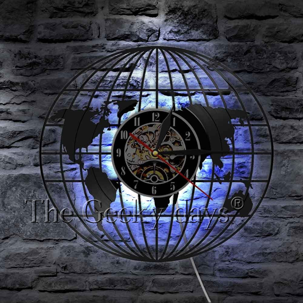 3D Globe Kaart Van Aarde Wandklok Kaart Klokken Maken Van Vinyl Record Wandklok Wolrd Kaart Decoratieve Muur Horloges decor Voor Kamer