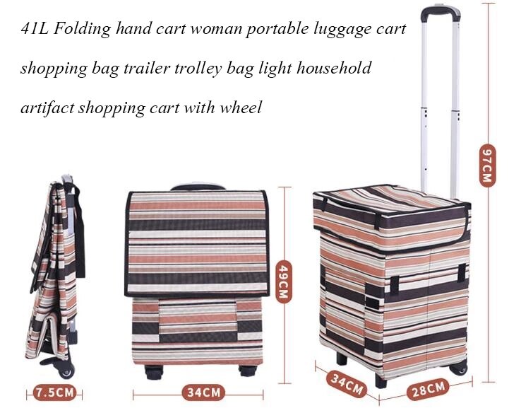 Foldbar hånd vogn kvinde bærbare tasker vogn indkøbsposer trailer vognpose let husholdningsgenstand indkøbskurv med hjul