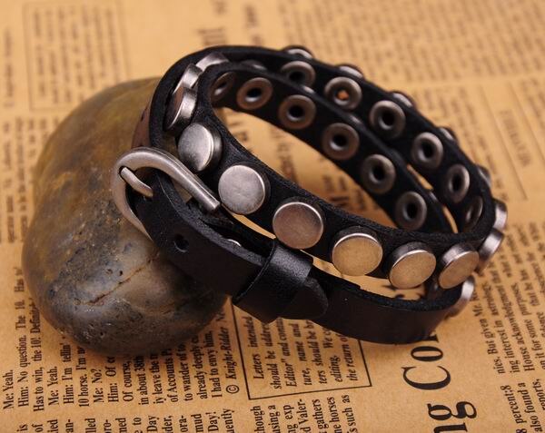 G402 Black Charme Metaallegering Bezaaid Dubbele Lederen Wrap Manchet Armband Mannen