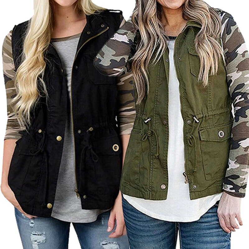 Womens Olive Cargo Utility Safari Vest with Pockets Drawstring Army Top Jacket Coat Autumn Clothes