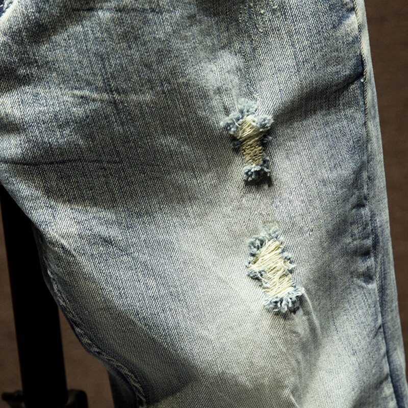 Jeans rasgados homens luz azul estiramento fino ajuste primavera e outono calças jeans angustiado streetwear biker calças de brim homem hip hop
