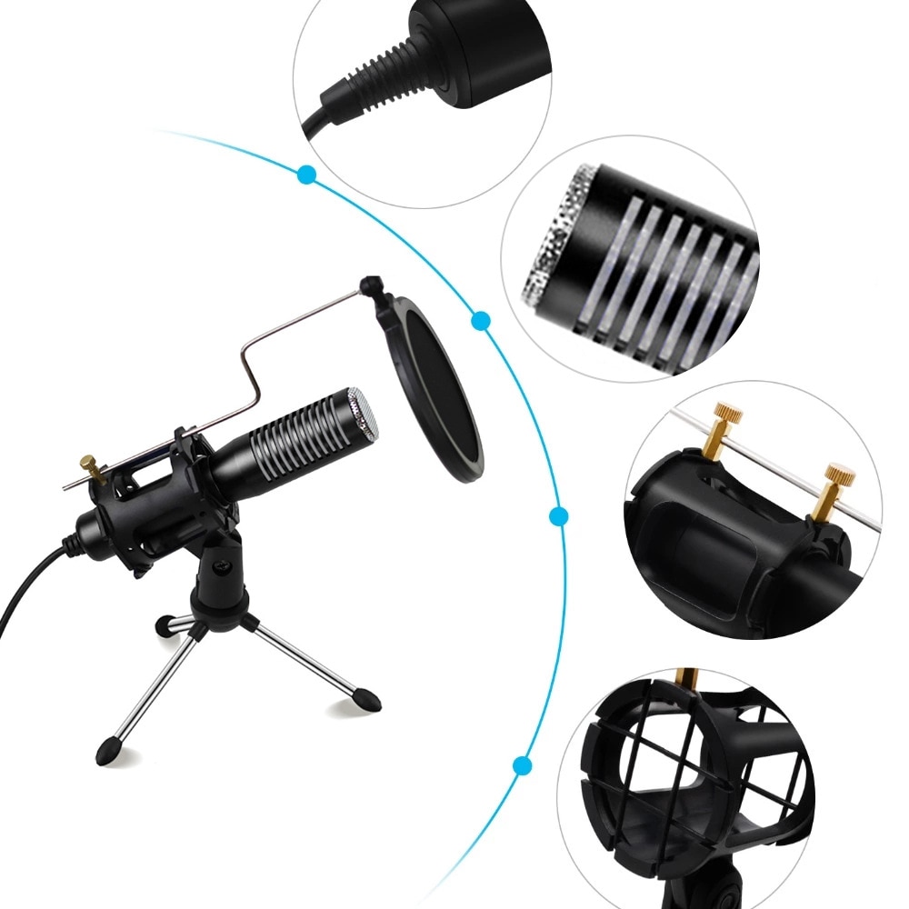 Condenser Microphone 3.5mm Plug Stereo Mic Desktop USB Microphone for PC Video Gaming Podcast Recording Studio Microphone