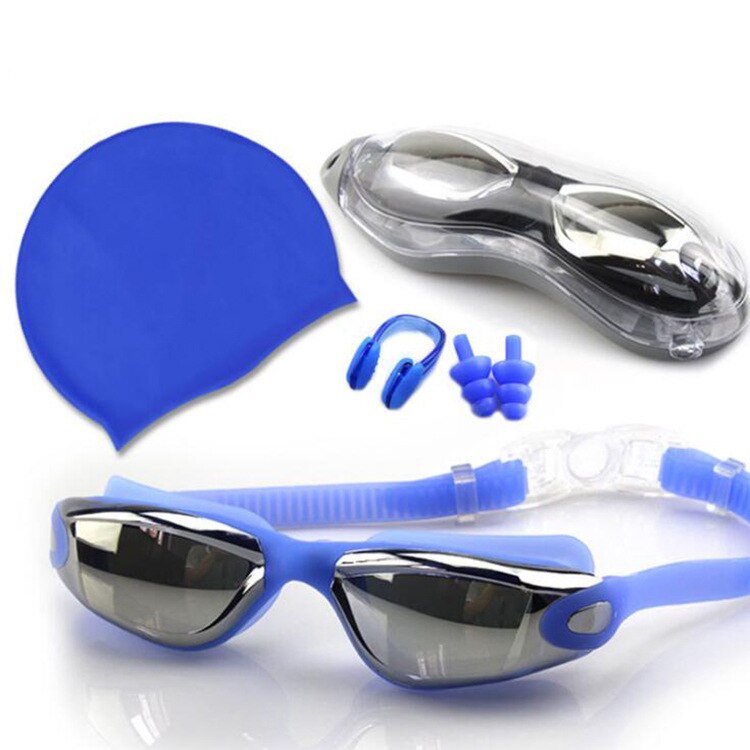 Professionele Zwembril Anti-Fog 100% Uv Verstelbare Bril Zwemmen Goggle Volwassen Badmuts Oordopjes Neus Clip Set Voor mannen: Blue set