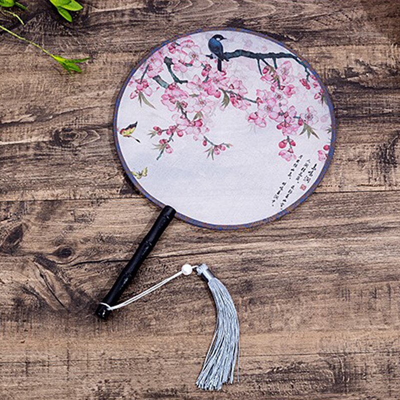 Hanfu Circular Fans Vintage Tassel Long Handle Ancient Chinese Style Court Dancing Round Fan Classical Printed Wedding Round Fan