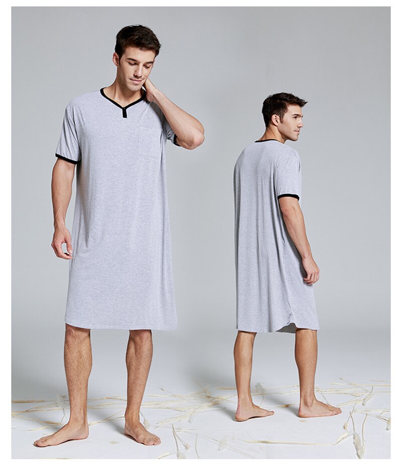 Mannen Pyjama Vintage Korte Mouw Katoen Gewaden V-hals Effen Kleur Nachtjapon Heren Badjassen Homewear M-3XL