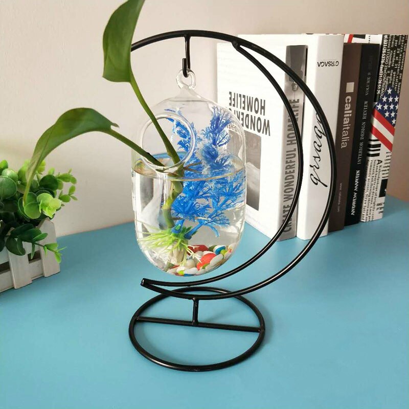 Desktop Hanging Mini Aquatic Plants Vase Fish Tank Glass Fish Tank Transparent Goldfish Tank Iron Support Aquarium