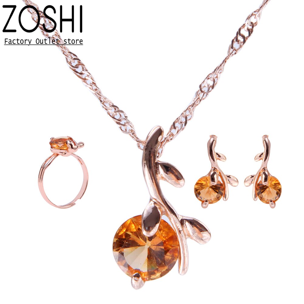 Neue Champagner Gold Farbe Kristall Kirsche Schmuck setzt Für Frauen Hochzeit Party Einstellbare Ring Schlüsselbein Kette Zweig Ohrringe