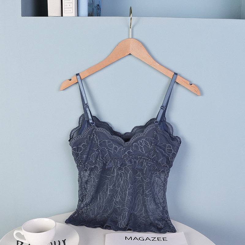 Women Crop Top Lace Bralette Wireless Padded Tank Top Deep V Lace Cami Lingerie Female Embroidery Floral Camisole: blue