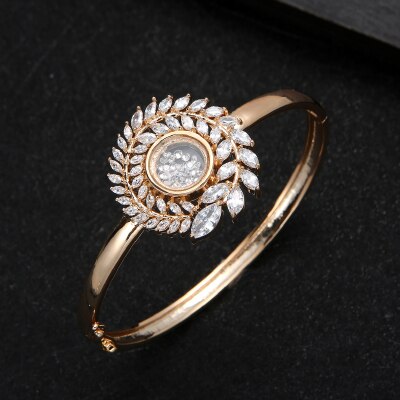 Collar de circonia cúbica + pendiente + brazalete para mujer, conjunto de joyería de boda, rama de olivo, Semi-sector, de , D1383: gold bangle