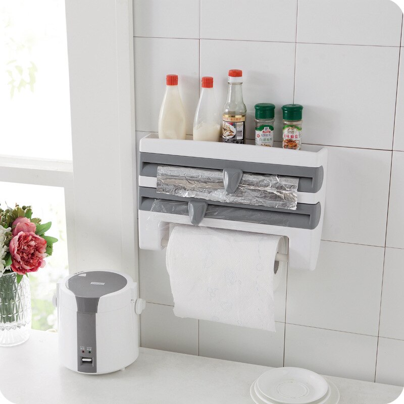 Kitchen Organizer Paper Towel Holder Wall-mount Cling Film Cutting Rack Sauce Bottle Tin Foil Paper Storage Kitchen Dispenser