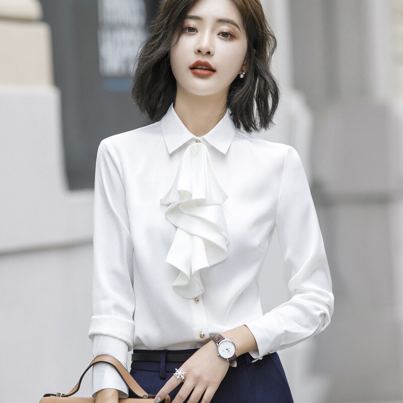 Women Ruffle Shirt Formal Long Sleeve Slim Chiffon Blouses Office Ladies Plus Size Work Tops