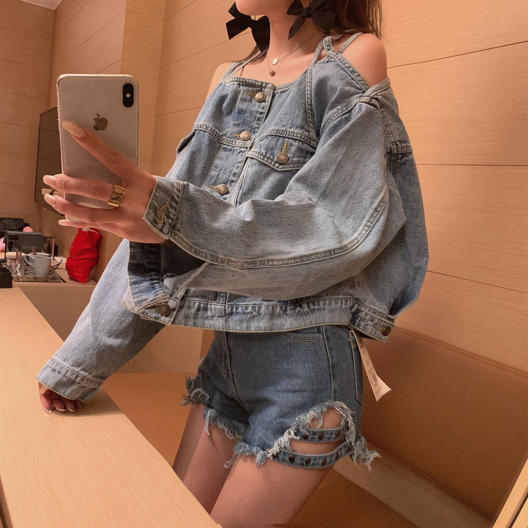 Imucci denim jack dames zomer lente losse koreaanse jurk met lange mouwen strapless kort jasje ins tide: Default Title