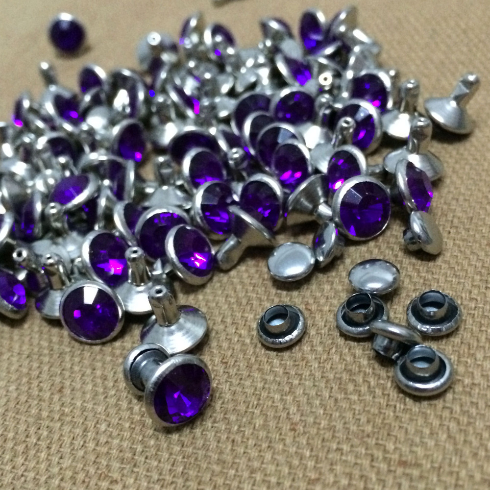 Komende 100Sets 8 Mm Dark Purple Cz Acryl Kristallen Rhinestone Klinknagels Zilveren Nailhead Spots Studs Diy Gratis