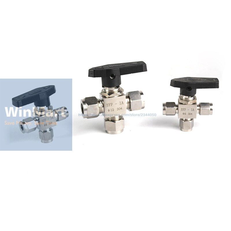 Tee 3 Ways Compression fitting shut off Ball Valve 915 PSI 304 Stainless steel Fit For 1/4&quot; inch O/D Tube