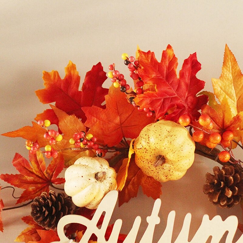 Kunstmatige Krans Met Pompoen Bessen Esdoornblad Voor Herfst Halloween Thanksgiving Dag Deur Thuis Decoratie, 19Inch