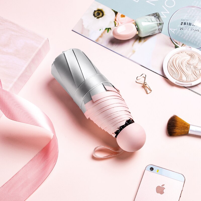 Mini Pocket Titanium Silver Glue 5 Fold 8 Ribs Umbrella Sun Protection Rain Windproof Folding Umbrellas For Woman Man: Pink