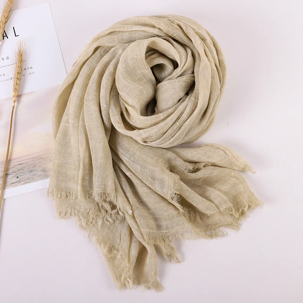 Printemps été nouvelle couleur unie laine coton et chanvre écharpe gland Art châle été imprimé polyvalent coton et chanvre tendance: Marron
