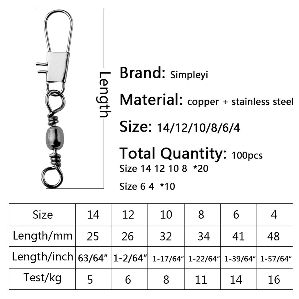 Conector giratorio de pesca de 6 tamaños, 100 unids/caja, Pin a presión, aparejo de señuelo de pesca de aleación, herramienta de pesca, accesorios de pesca