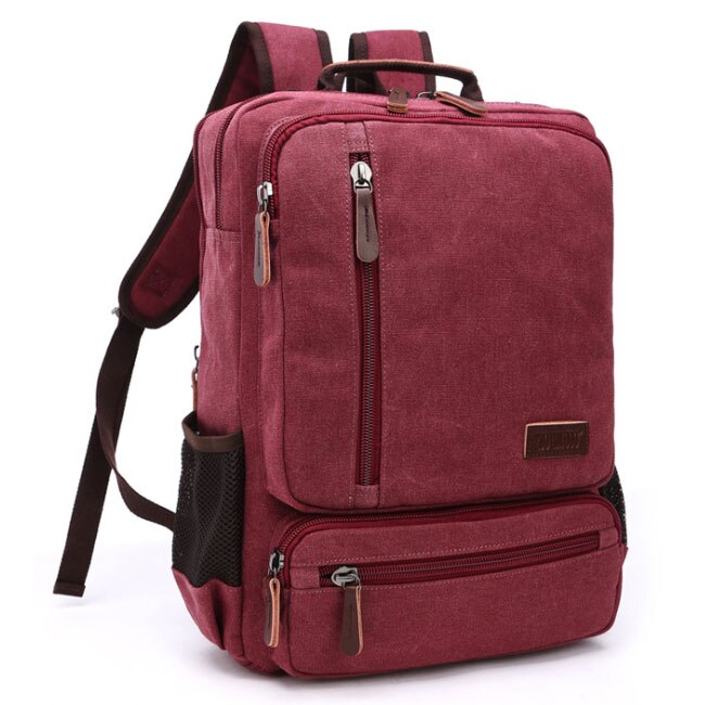 Vintage Canvas Backpack - 20-35L - Laptop Compartment - School Travel - Unisex: Burgundy