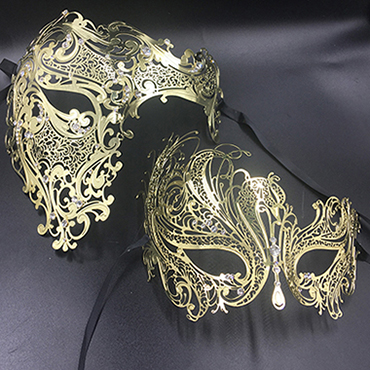 Hans & hennes par glitter strass metall filigran maskerad mask venetiansk kostym bal fest boll jul halv skalle mask: Guld-