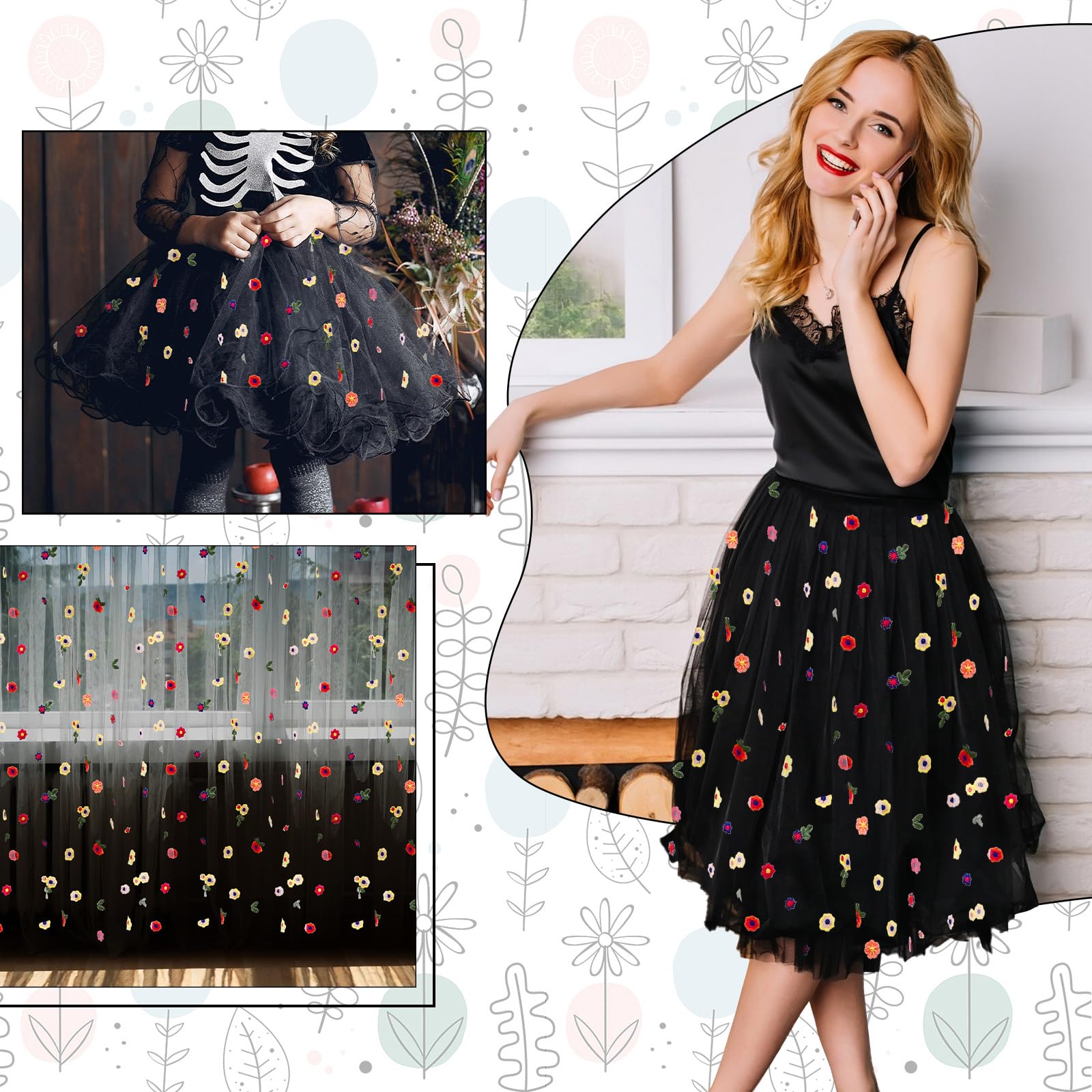 Svart prästkrage höstbordslöpare broderad gasväv blommor säsongsbetonad tyll födelsedag kök matbordsdekoration för hemmafest