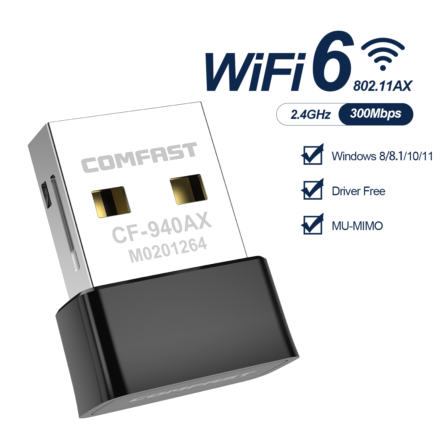 COMFAST Mini USB WiFi6 Dongle Network Card 2.4GHz Wi-Fi Lan Adapter Driver Free 300M 150M Receiver For PC Laptop Windows 7/10/11: WHITE