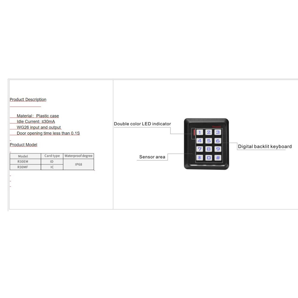 Digital backlit Keypad 125KHZ RFID Card Reader R30 13.56Mhz wiegand26 card reader plastic case IP65 waterproof 2000 card
