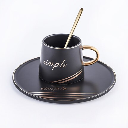 Kondenserad kaffe guldkant keramisk kopp tumlare tekoppar och fat set sojamjölk drinkware frukostmuggar fat sked set: Svart