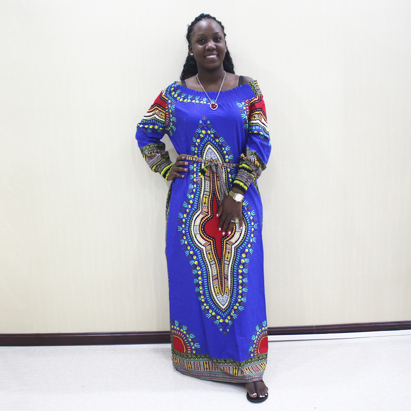 African Dashiki Off Shoulder Long Sleeve Blue Cotton Print Long Dress