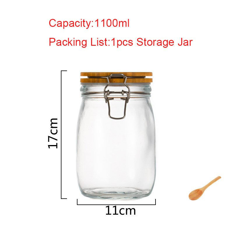 Couvercle en bois naturel | Bouteille de stockage en verre, confiture de citron miel scellé, récipient d'aliments marinés, accessoires de cuisine, caddie de thé pour la maison: E-1pcs-1100ml