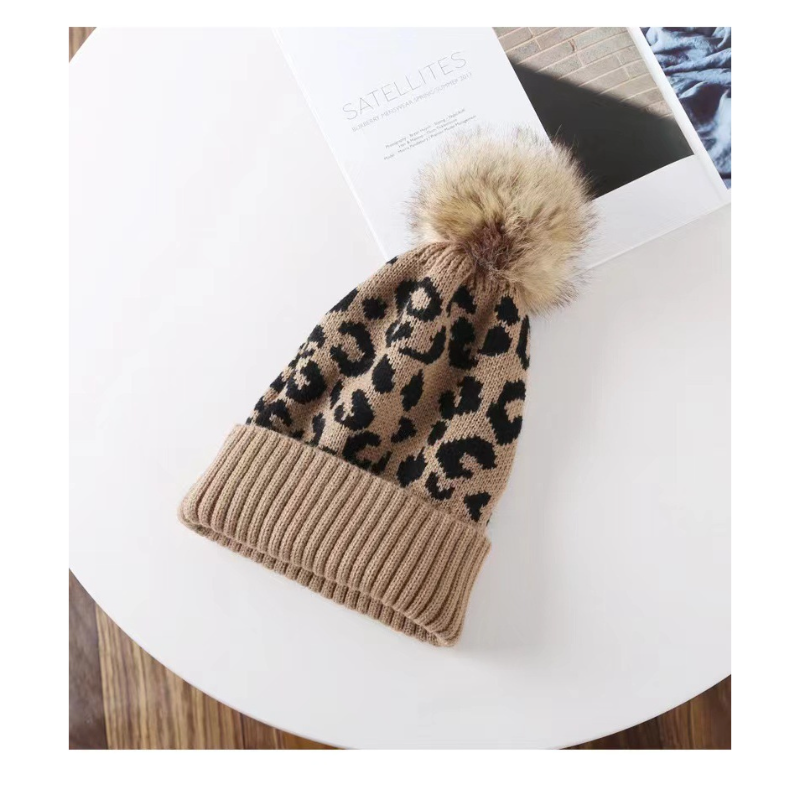 Gorro de punto con borde de leopardo y borde rizado para mujer, gorro de punto grueso y cálido para exteriores para hombre y pareja