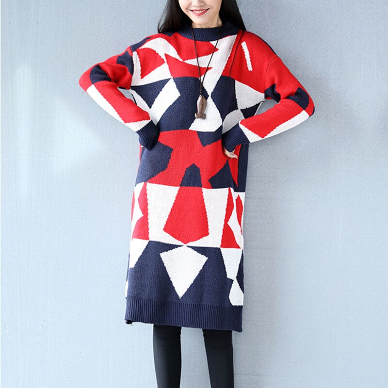 Spring Knitted Sweaters Dresses Vestidos Women Geometric pattern O-Neck Long Sleeve Loose Winter Casual Dresses FP0277