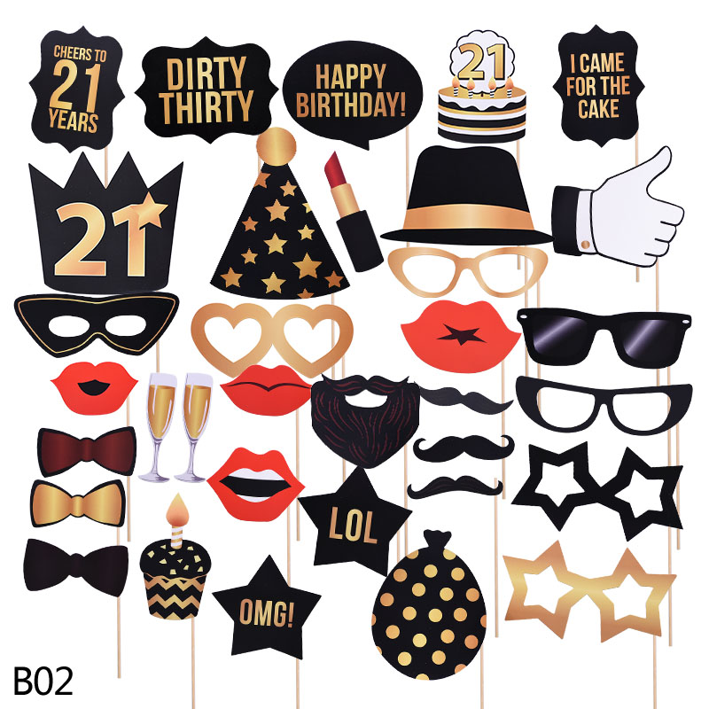 34pcs/set Birthday Photo Booth Props 18 21 30 40 50 Beard Glasses Lipstick Cake Props for Birthday Party Decoration